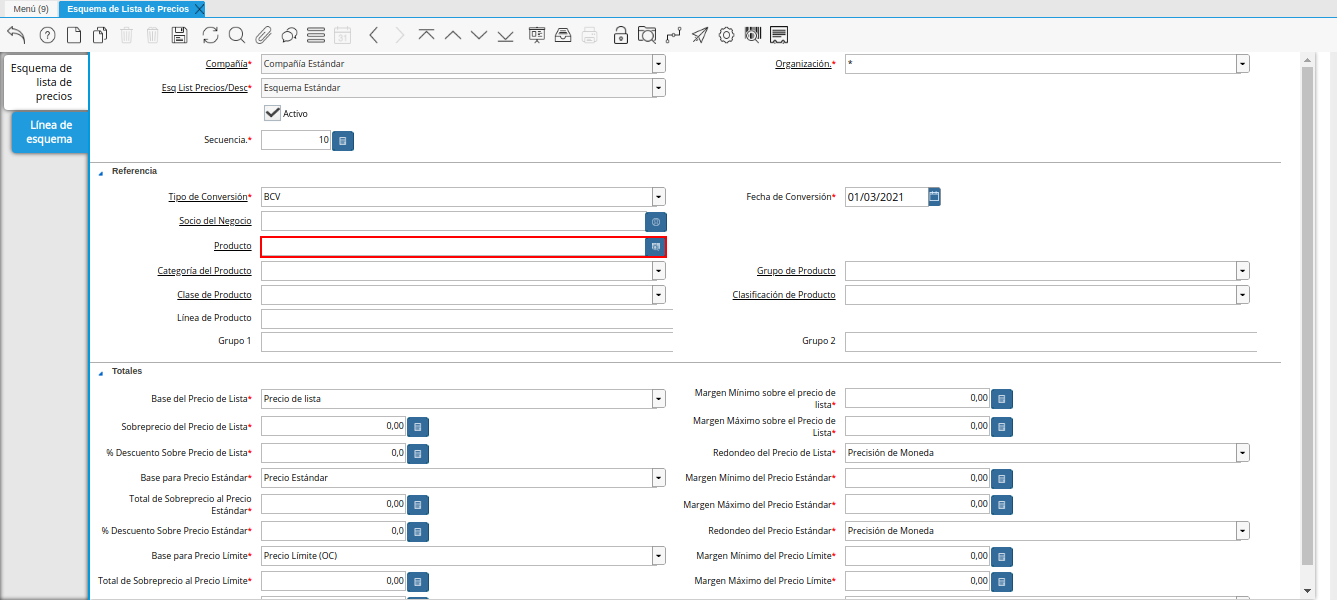 campo producto de la pestaña línea de esquema