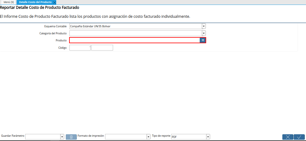 Campo Producto de la Ventana Detalle Costo del Producto