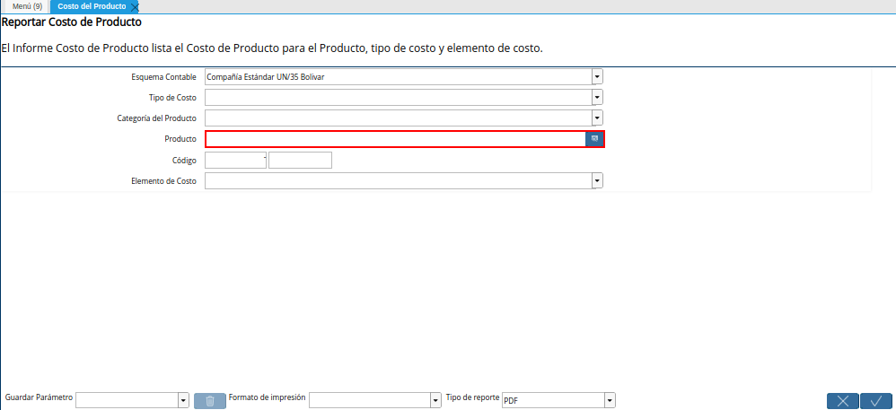 Campo Producto de la Ventana del Reporte Costo del Producto