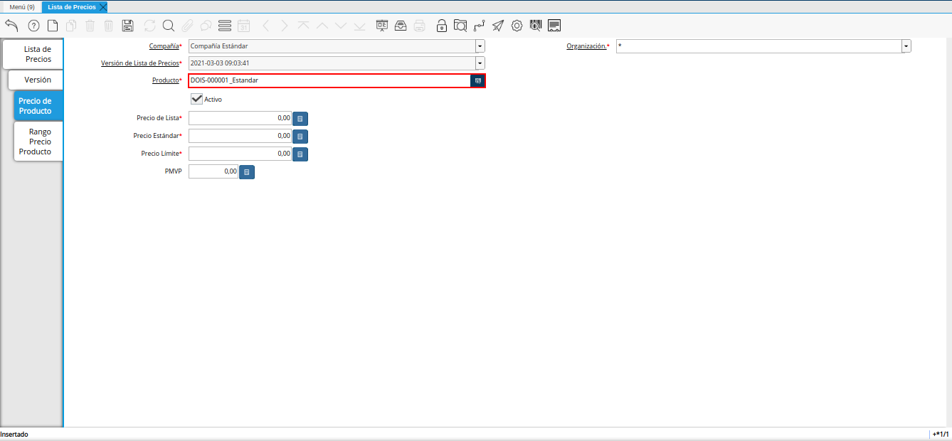 campo producto de la pestaña precio de producto