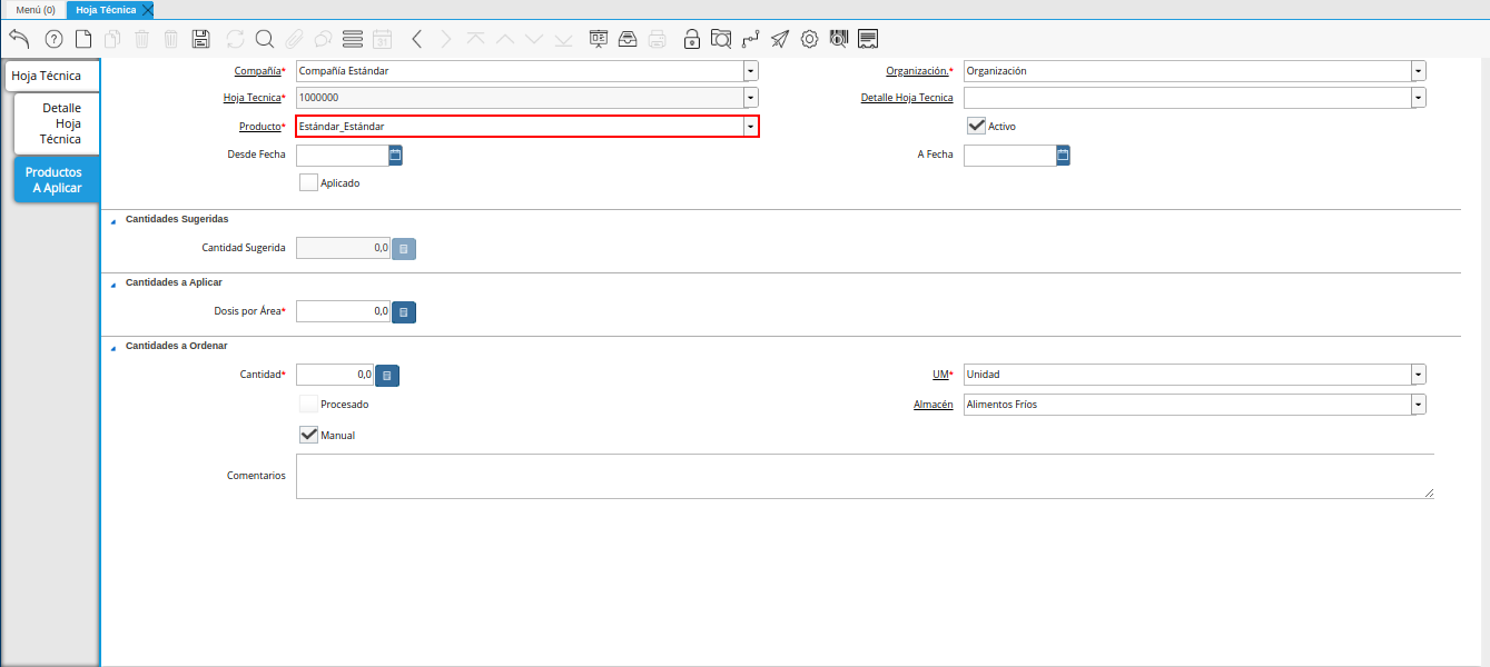 campo producto de la pestaña productos a aplicar de la ventana hoja técnica