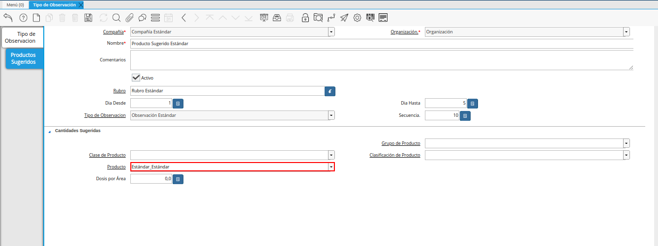 campo producto de la pestaña productos sugeridos de la ventana tipo de observación