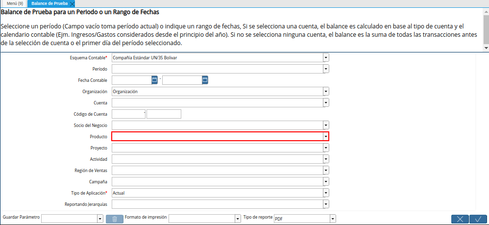 Campo Producto de la Ventana Balance de Prueba