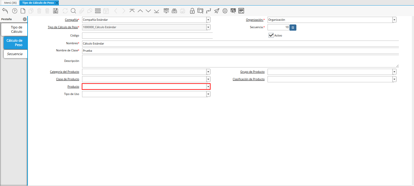campo producto de la ventana tipo de cálculo de peso