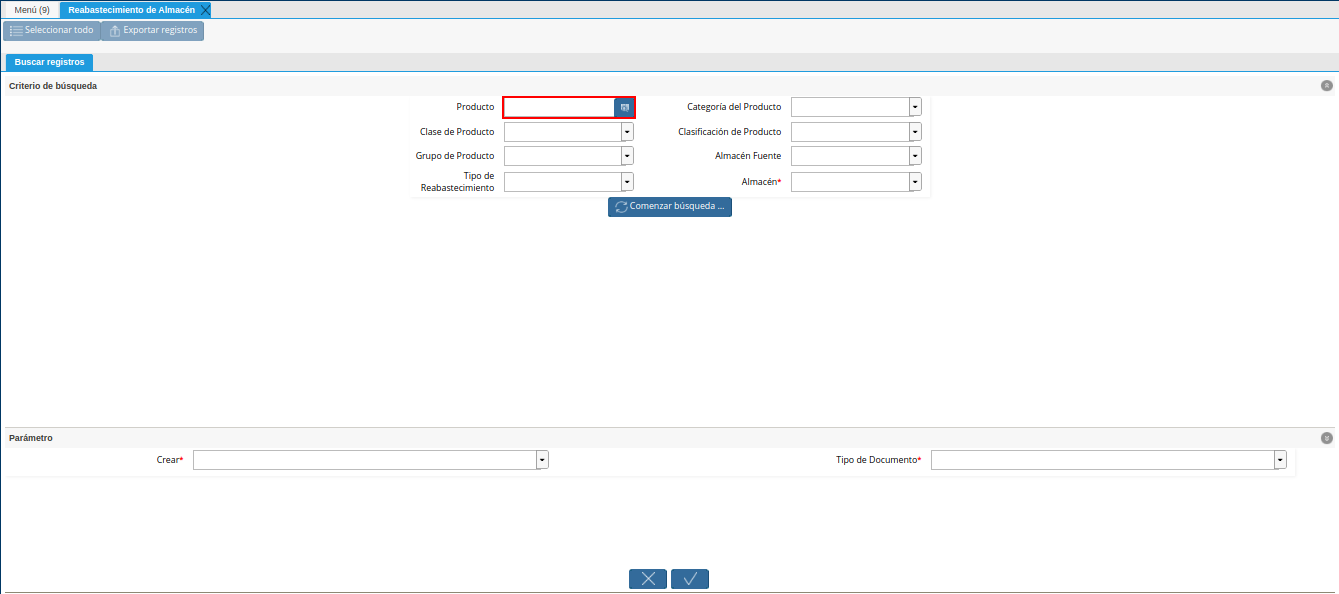 campo producto de la ventana reabastecimiento de almacén