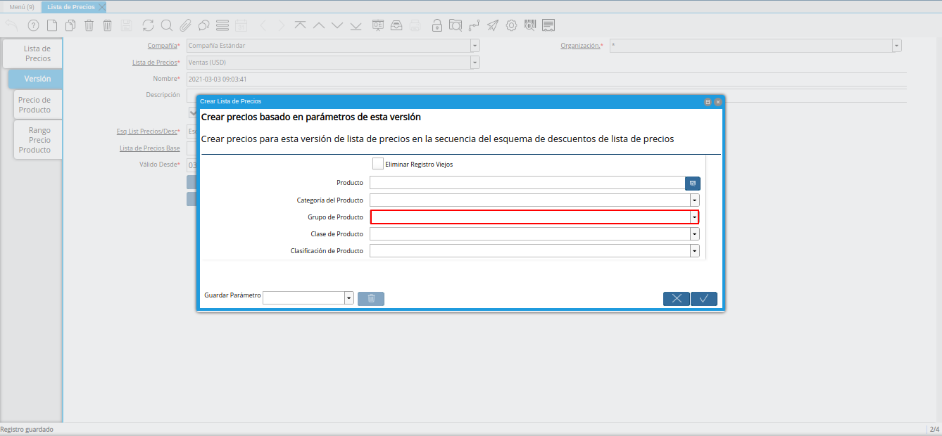 campo grupo de producto de la ventana crear lista de precios para lista de precios base