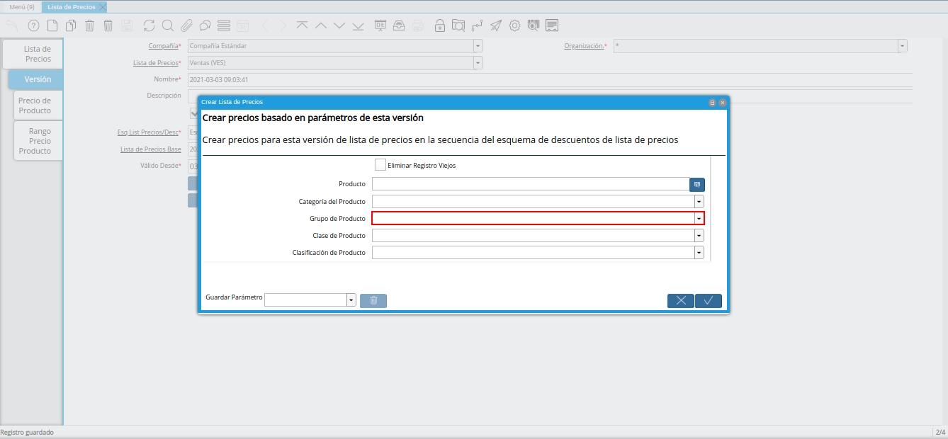 campo grupo de producto de la ventana crear lista de precios para lista de precios desde otra
