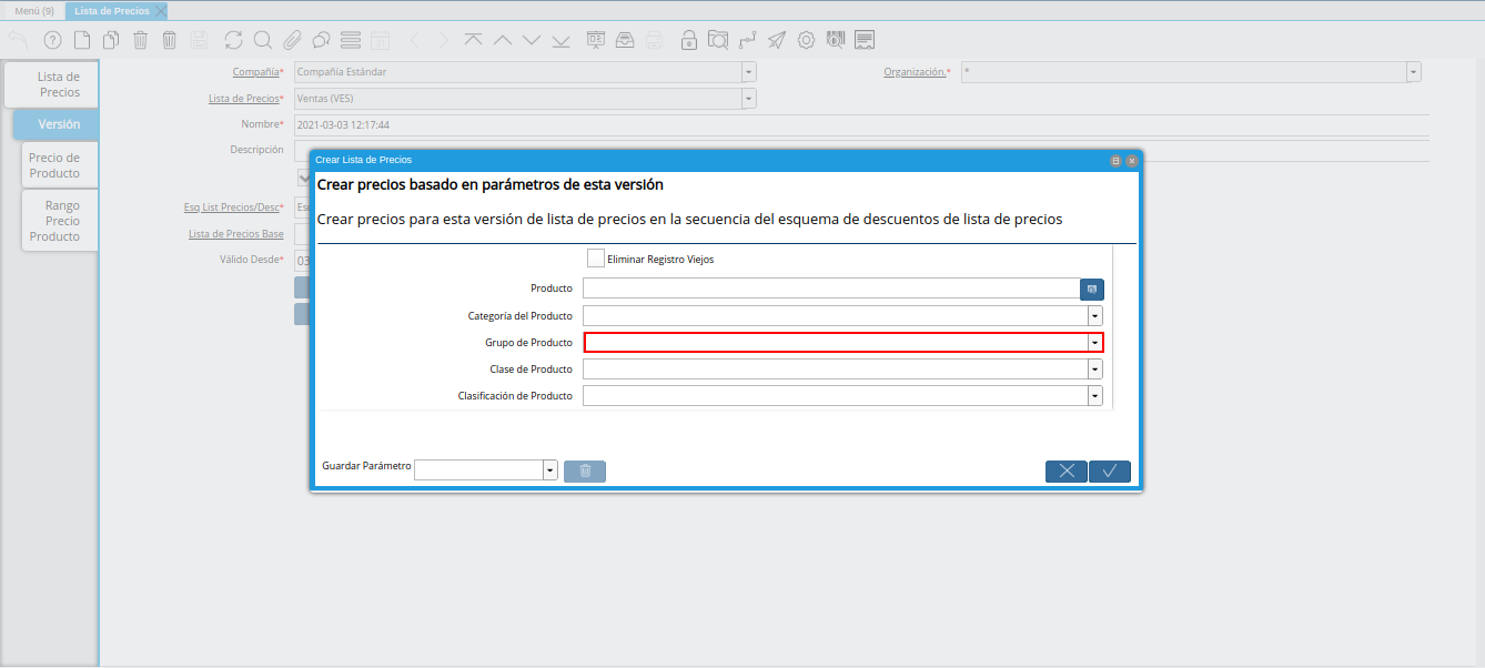 campo grupo de producto de la ventana crear lista de precios para lista de precios desde última oc procesada
