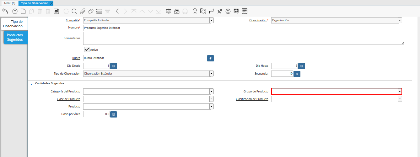 campo grupo de producto de la pestaña productos sugeridos de la ventana tipo de observación