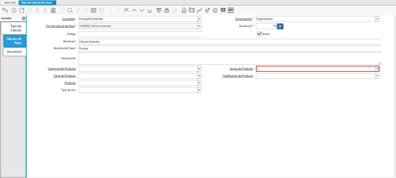 campo grupo de producto de la ventana tipo de cálculo de peso