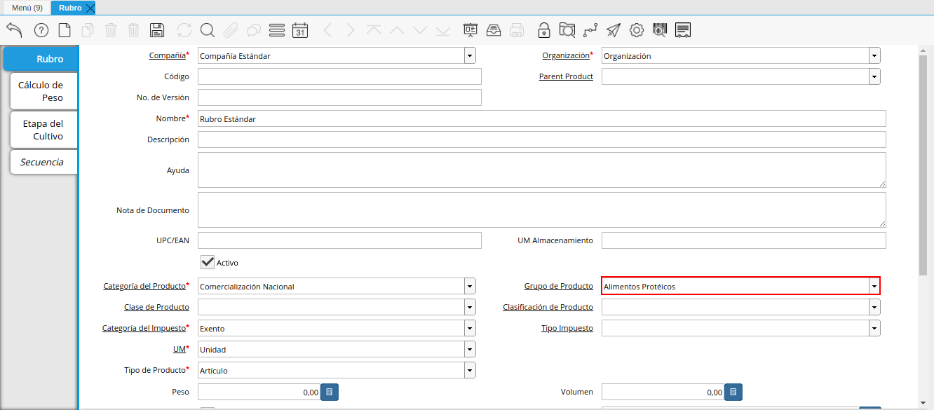 Campo Grupo de Producto