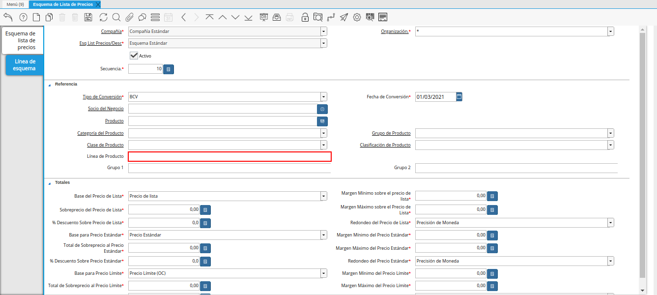 campo línea de producto de la pestaña línea de esquema