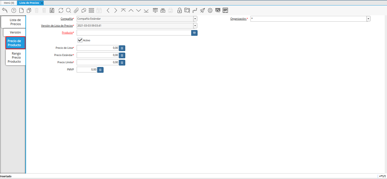 pestaña precio del producto para lista de precios base