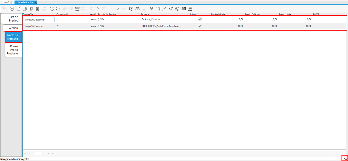 pestaña precio producto