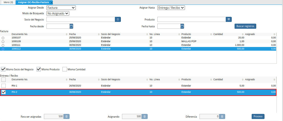 Selección de Recepción de Productos de la Ventana Asignar OC Recepción Factura