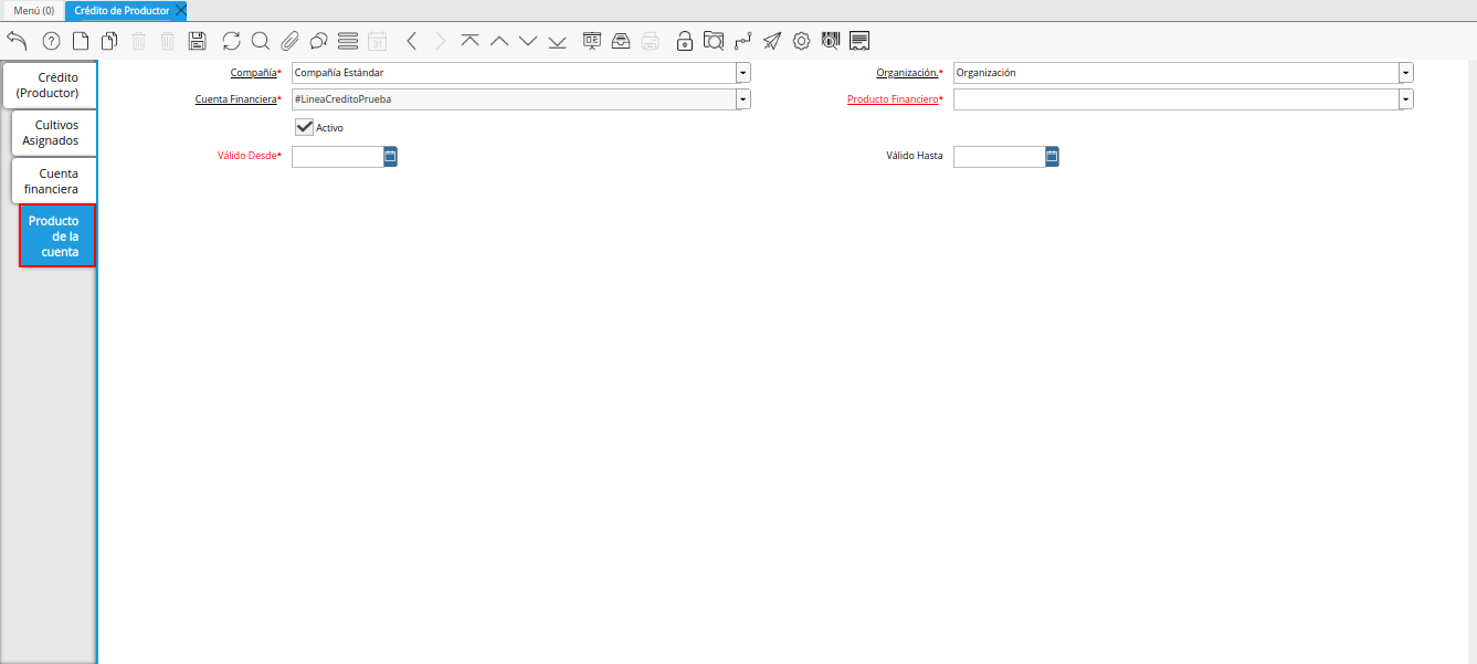 pestaña producto de la cuenta de la ventana crédito del productor