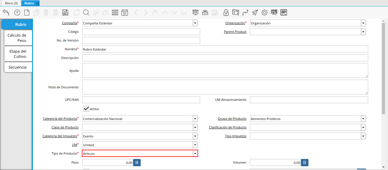 Campo Tipo de Producto