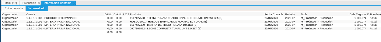 Asiento Contable de la Ventana Producción