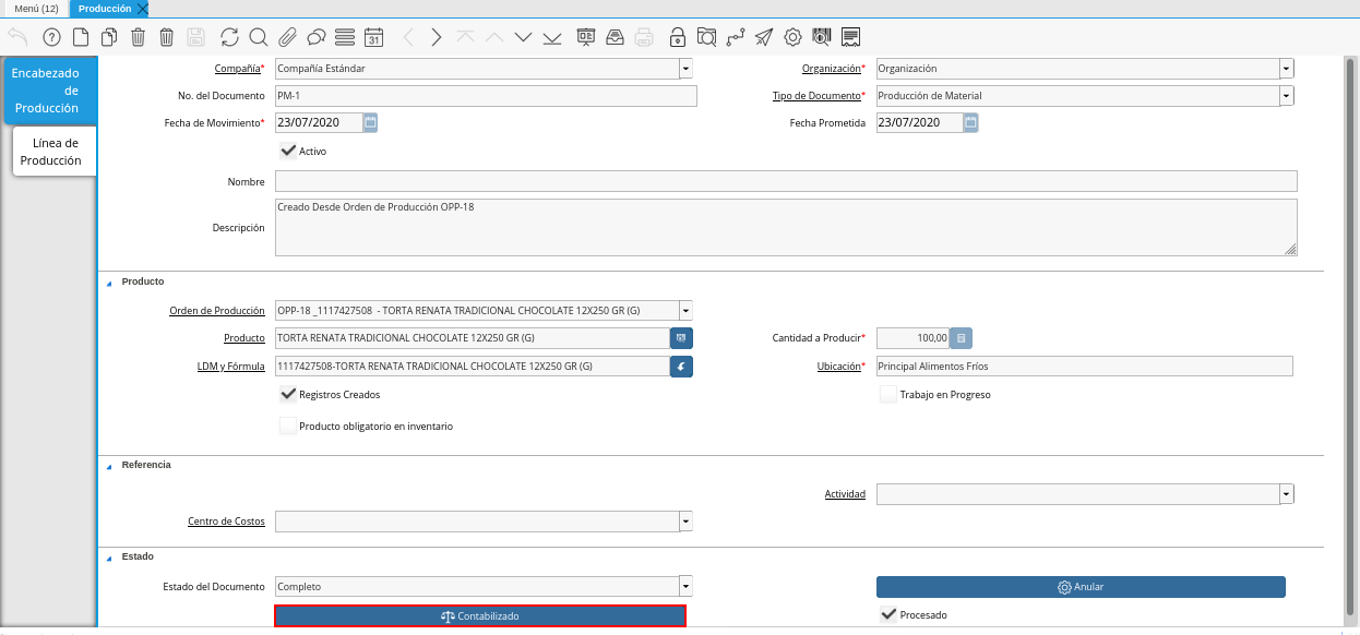 Opción Contabilizado de la Ventana Producción
