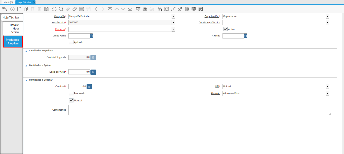 pestaña productos a aplicar de la ventana hoja técnica