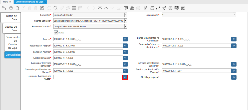 Campo Cuenta de Ganancia por Ajuste de la Pestaña Contabilidad de la Ventana Definición de Diario de Caja