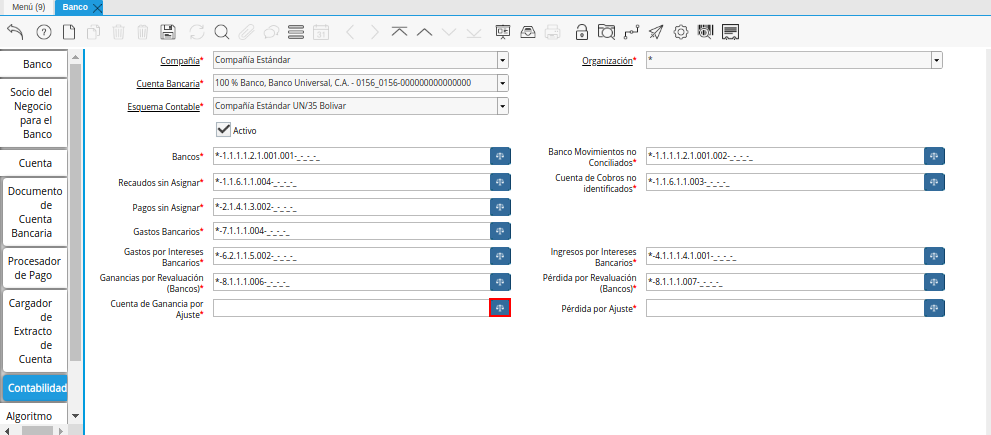 Campo Cuenta de Ganancia por Ajuste de la Pestaña Contabilidad de la Ventana Banco