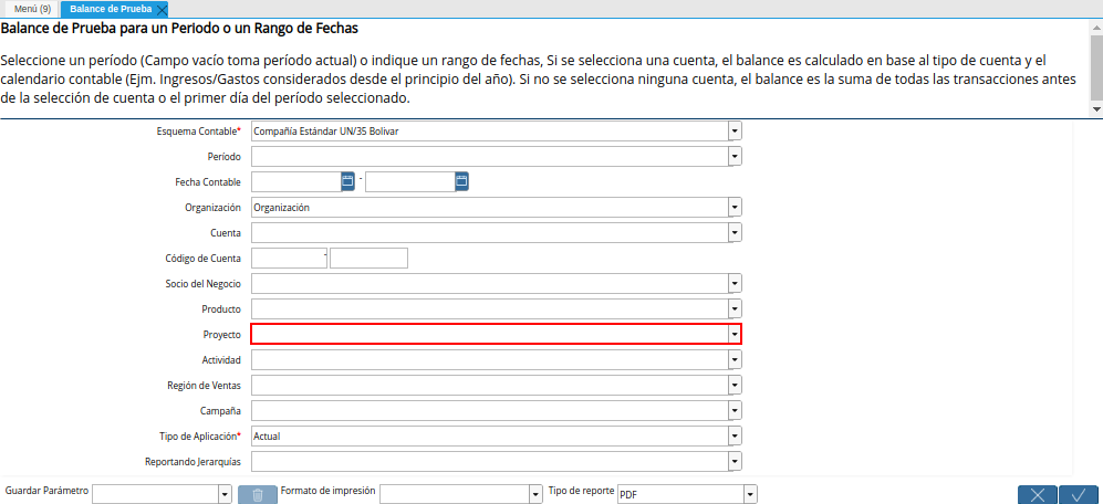 Campo Proyecto de la Ventana Balance de Prueba