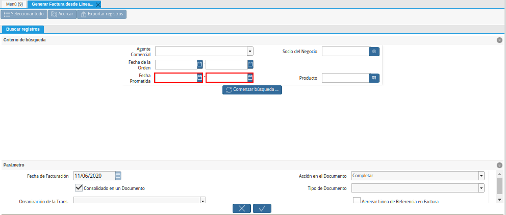 Campo Fecha Prometida de la Ventana Generar Factura desde Líneas de la Orden