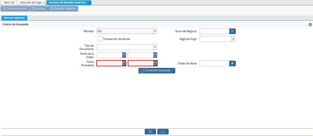 Campo Fecha Prometida de la Ventana de Búsqueda Inteligente del Proceso Crear Desde Orden