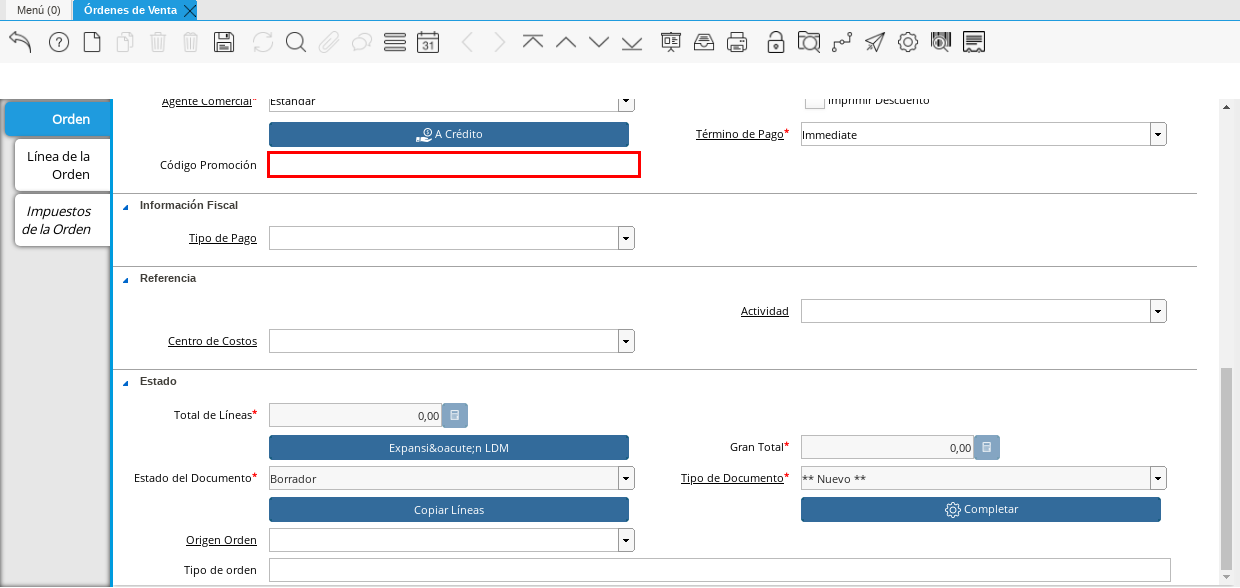 Campo Código de Promoción