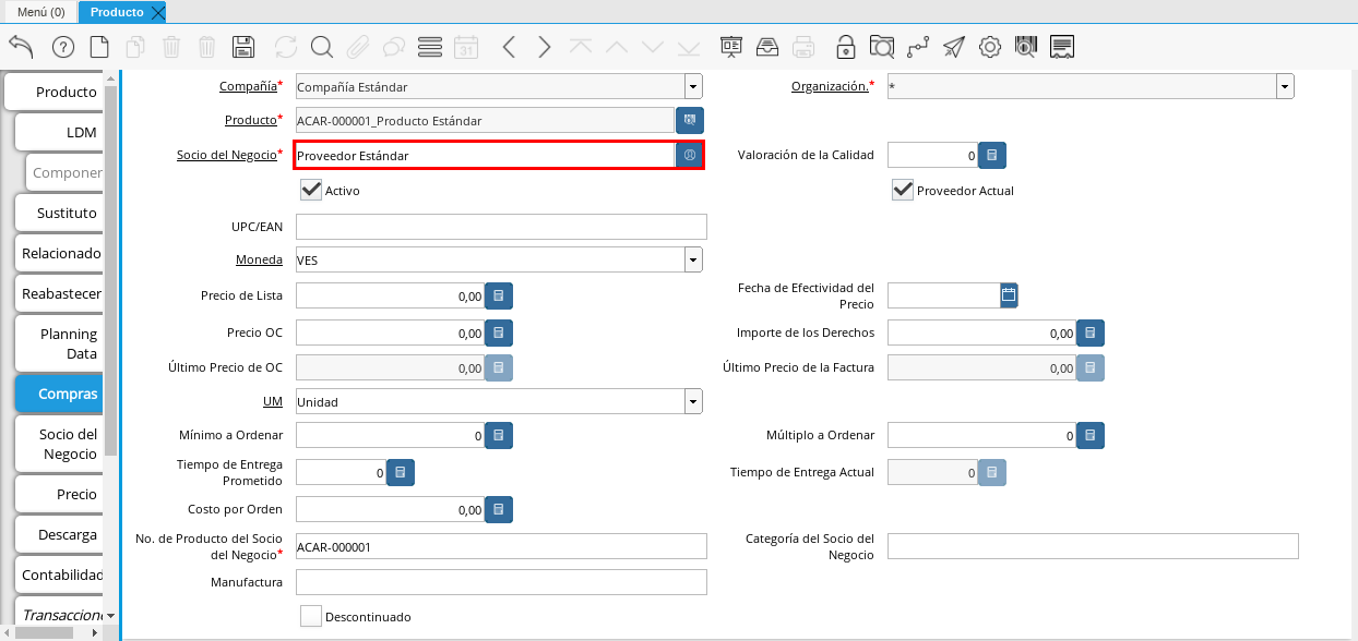 Campo Socio del Negocio Proveedor