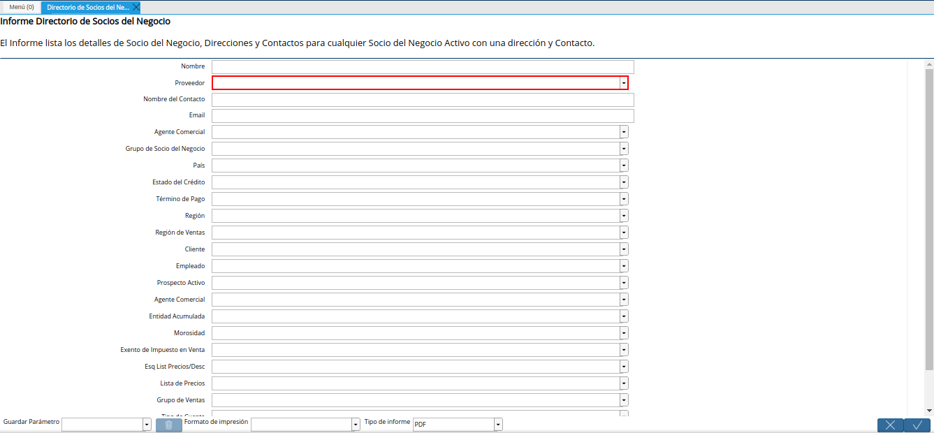campo proveedor del reporte directorio de socios del negocio