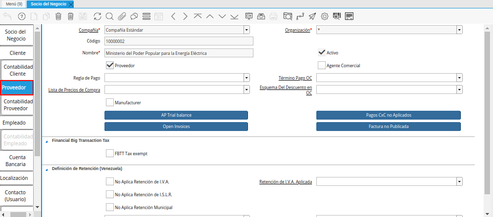 Pestaña Proveedor de la Ventana Socio del Negocio