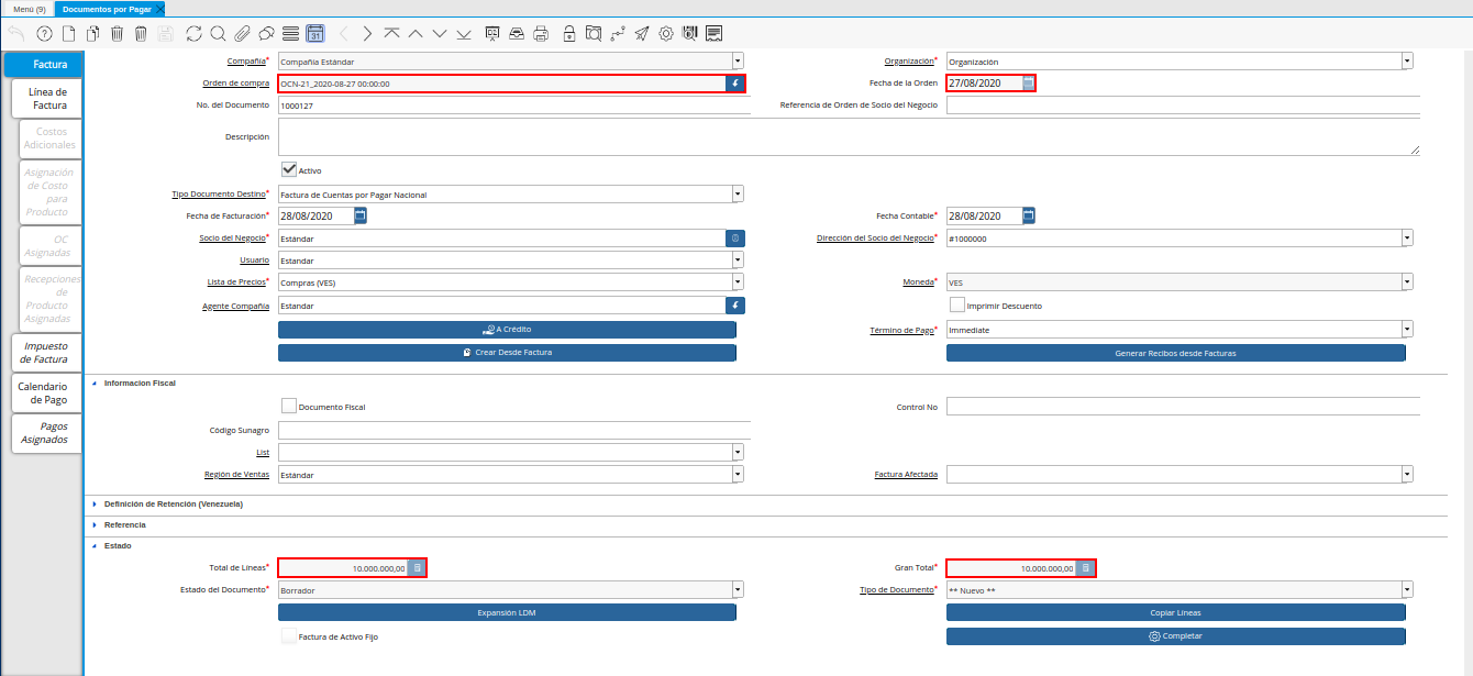 Datos de la Orden de Compra en la Ventana Documentos por Pagar desde Orden de Compra