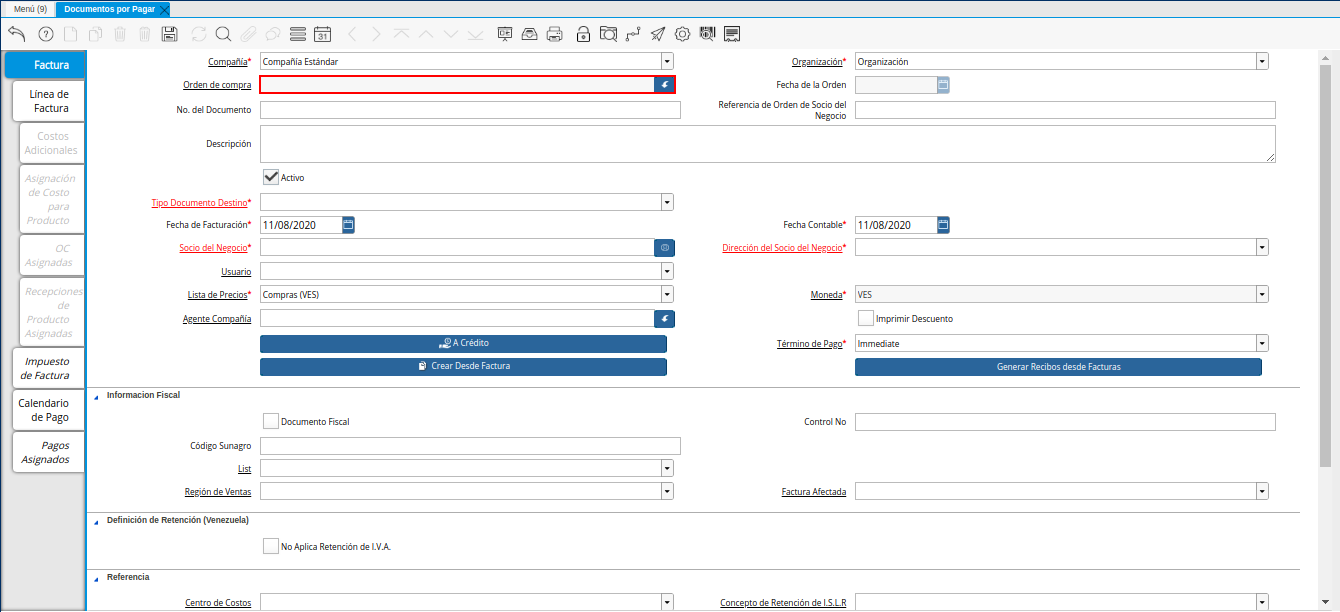 Campo Orden de Compra de la Nota de Débito de CxP