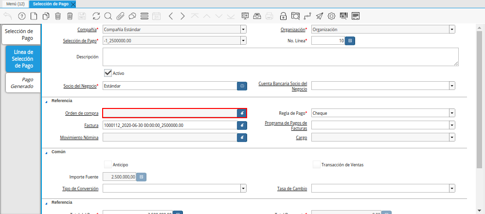 Campo Orden de Compra del Documento Orden de Pago desde Factura