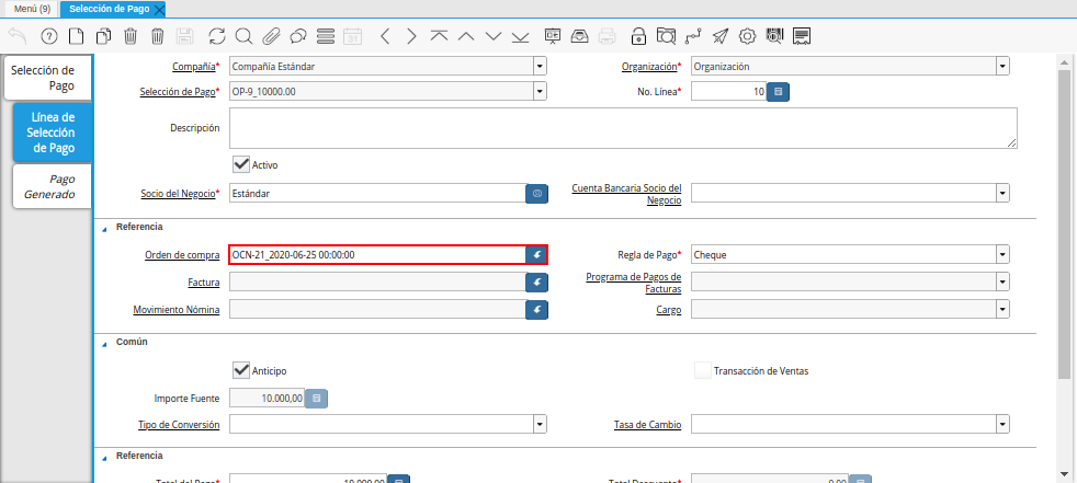 Campo Orden de Compra del Documento Orden de Pago desde Orden