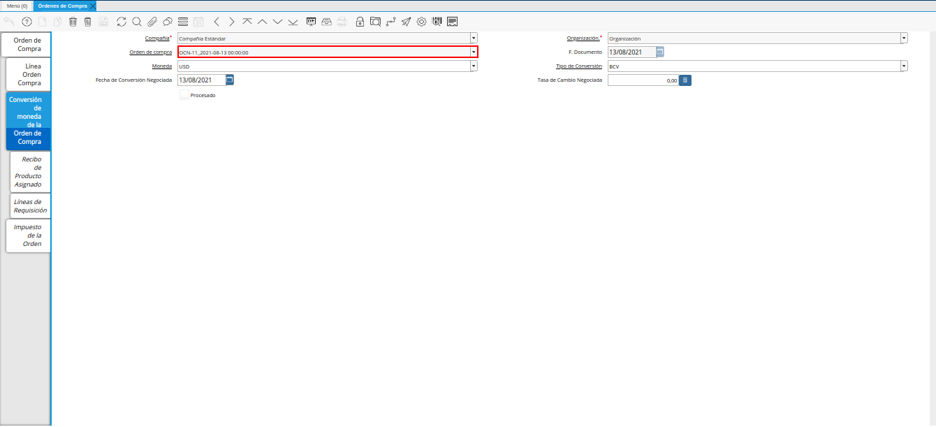 campo orden de compra de la pestaña conversión de moneda de la orden de compra