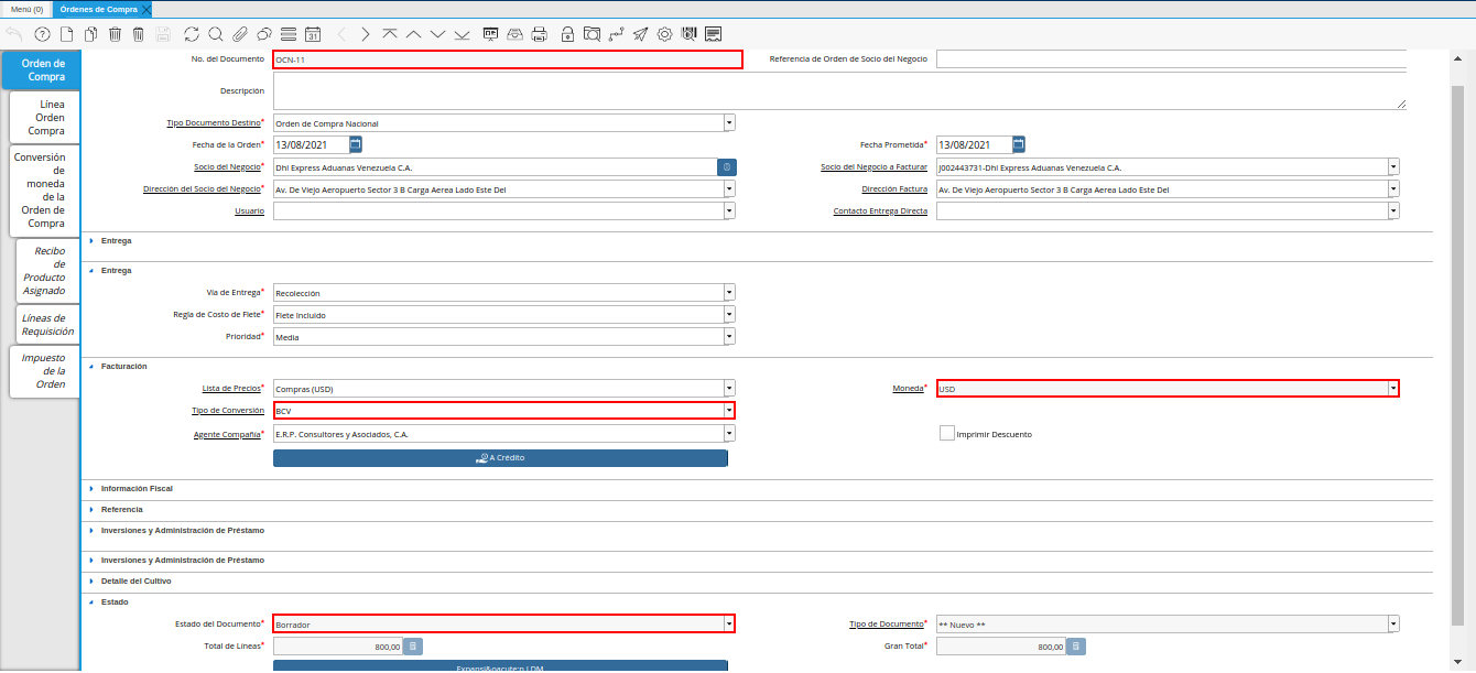 orden de compra en estado borrador