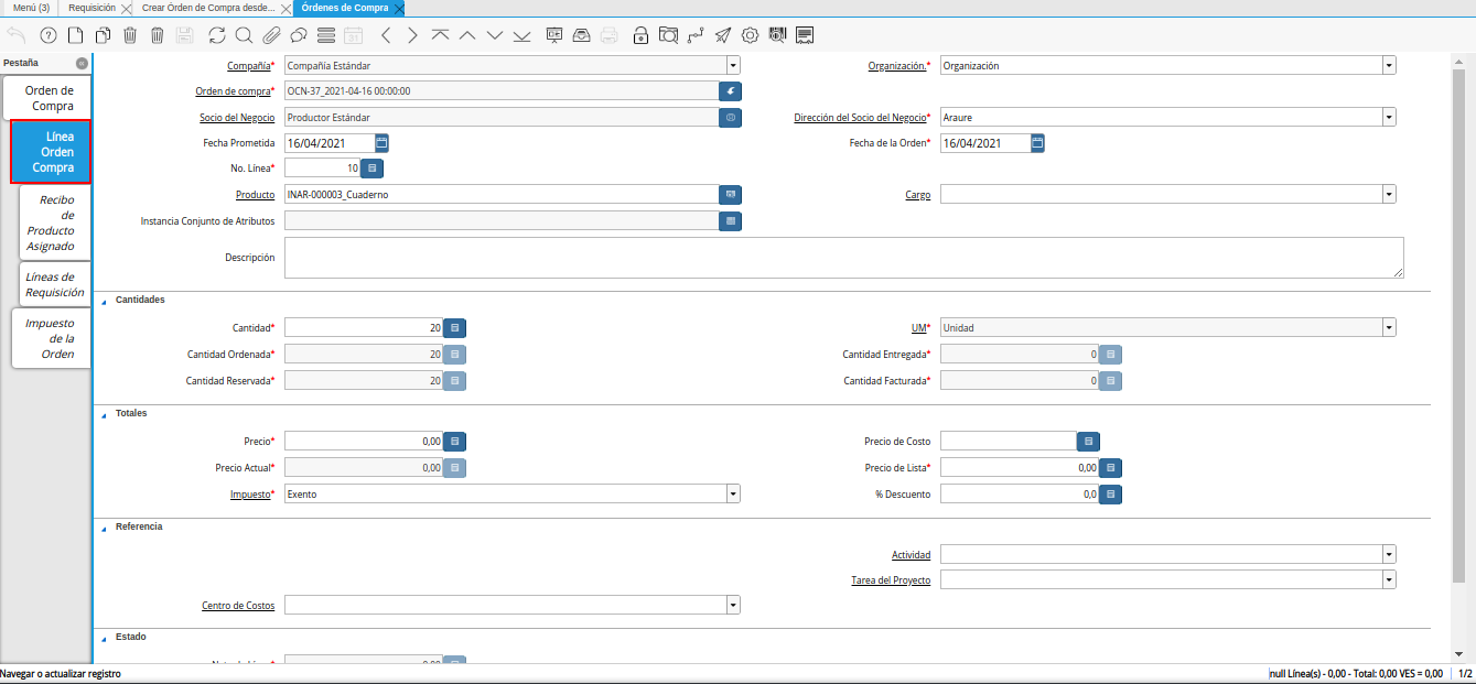 pestaña línea orden compra de la ventana órdenes de compra