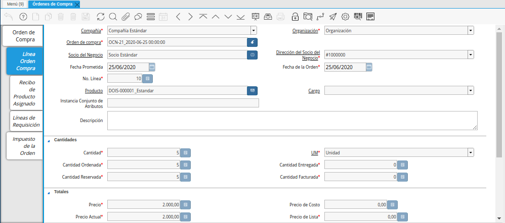 Pestaña Línea de la Orden de Compra