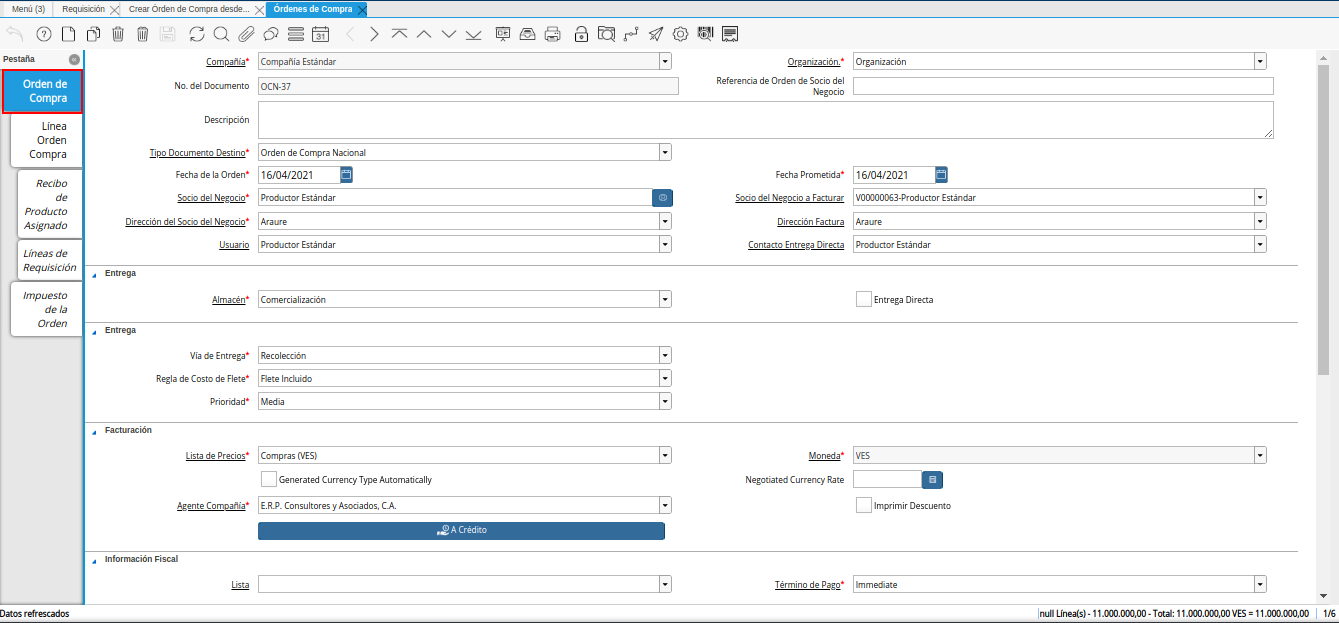 pestaña principal orden de compra