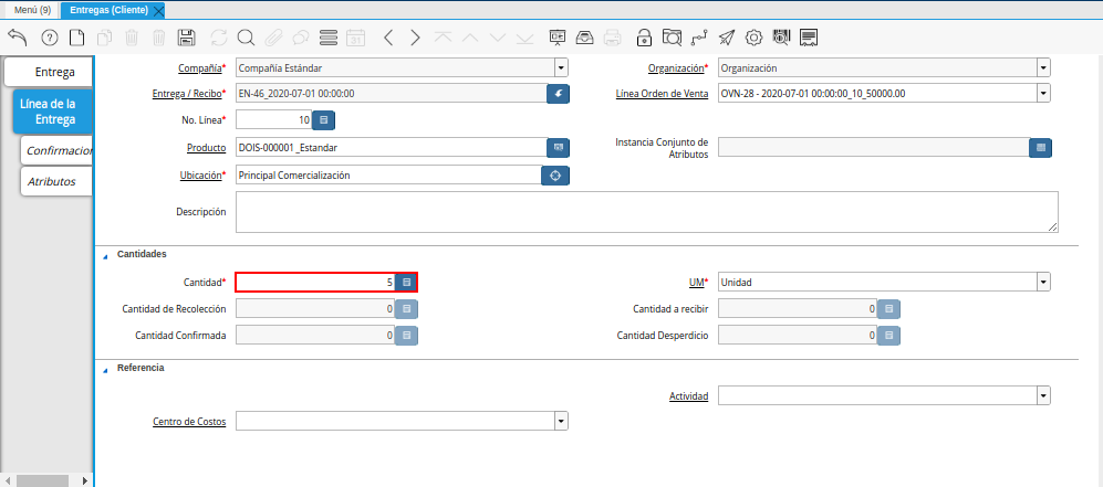 Campo Cantidad de la Pestaña Línea de la Entrega de la Ventana Entregas Cliente