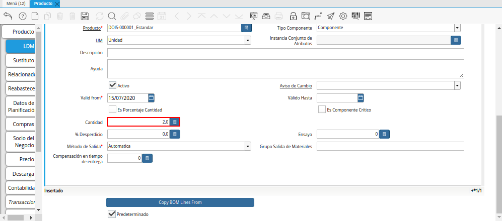 Campo Cantidad de la Pestaña ldm del Producto Estándar para Producción