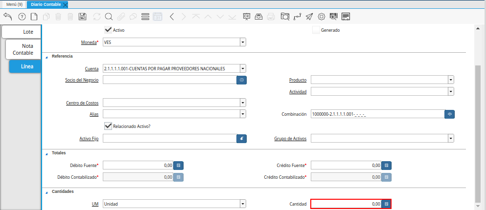 Campo Cantidad de la Pestaña Línea de la Ventana Diario Contable