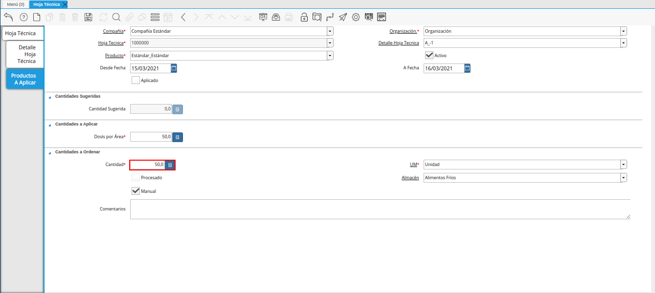 campo cantidad de la pestaña productos a aplicar de la ventana hoja técnica