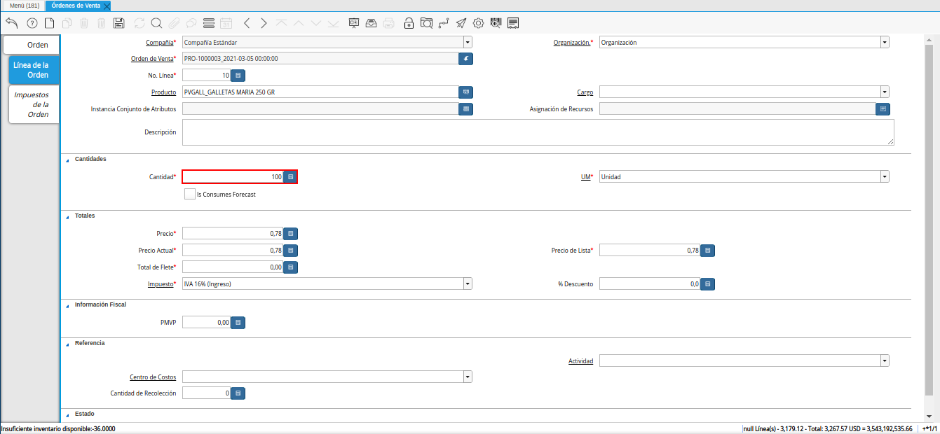 campo cantidad de la pestaña línea de la orden de la ventana órdenes de venta