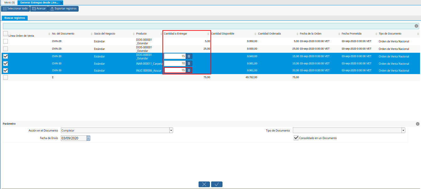 Columna Cantidad a Entregar de la Ventana Generar Entrega desde Líneas de la Orden