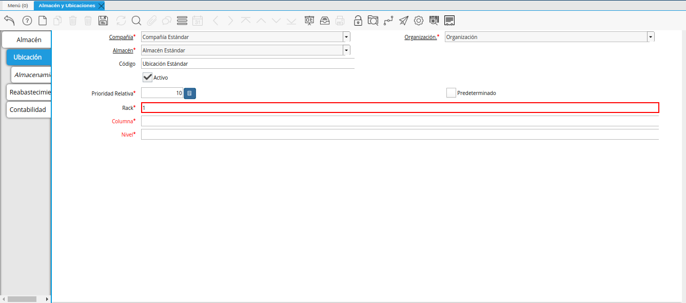campo rack de la pestaña ubicación de la ventana almacén y ubicaciones