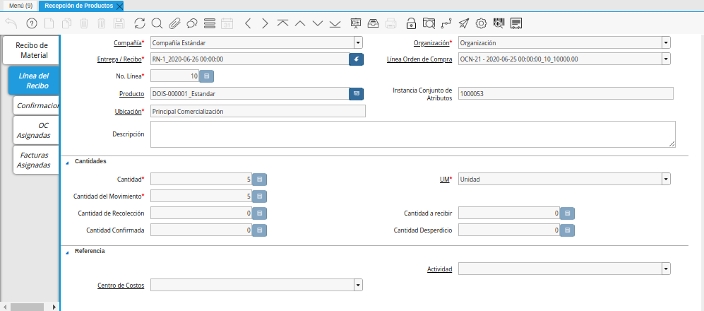 Pestaña Línea del Recibo